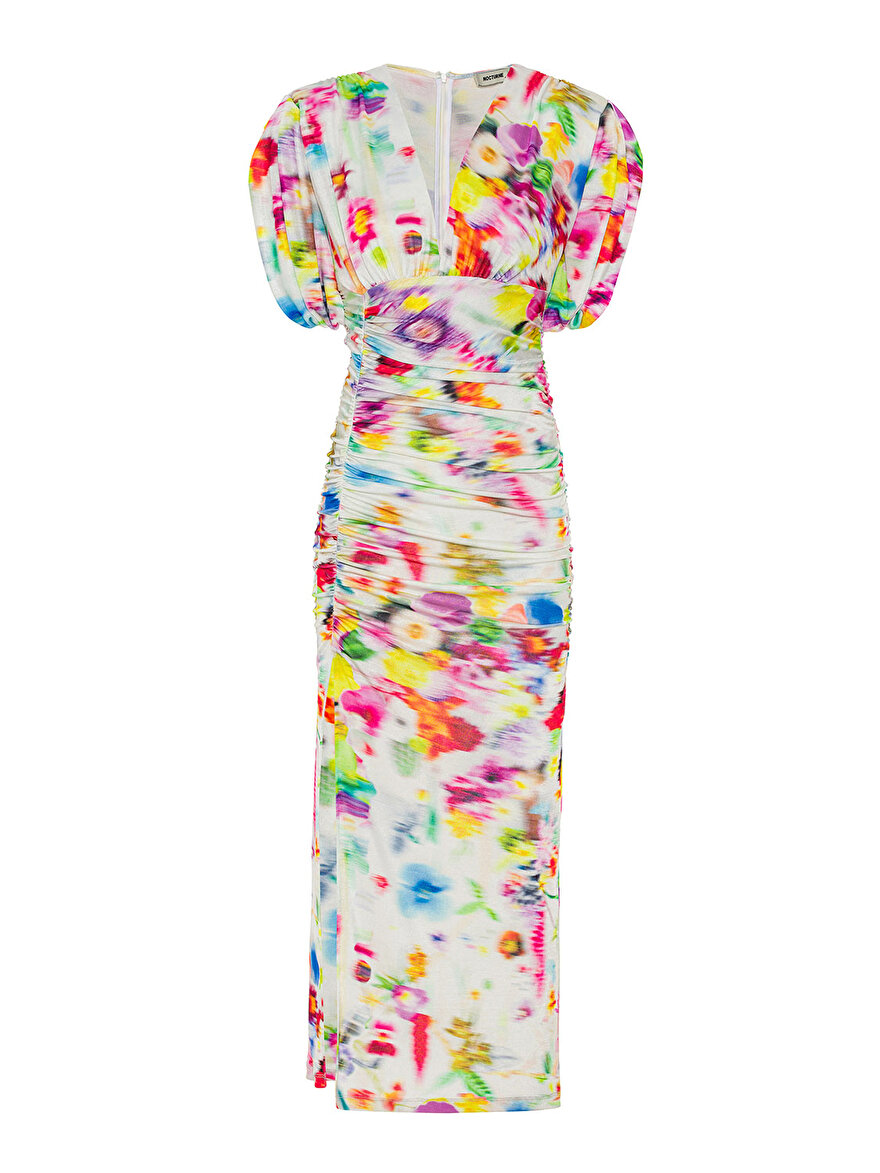 Nocturne Desenli Vatkalı Drape Elbise