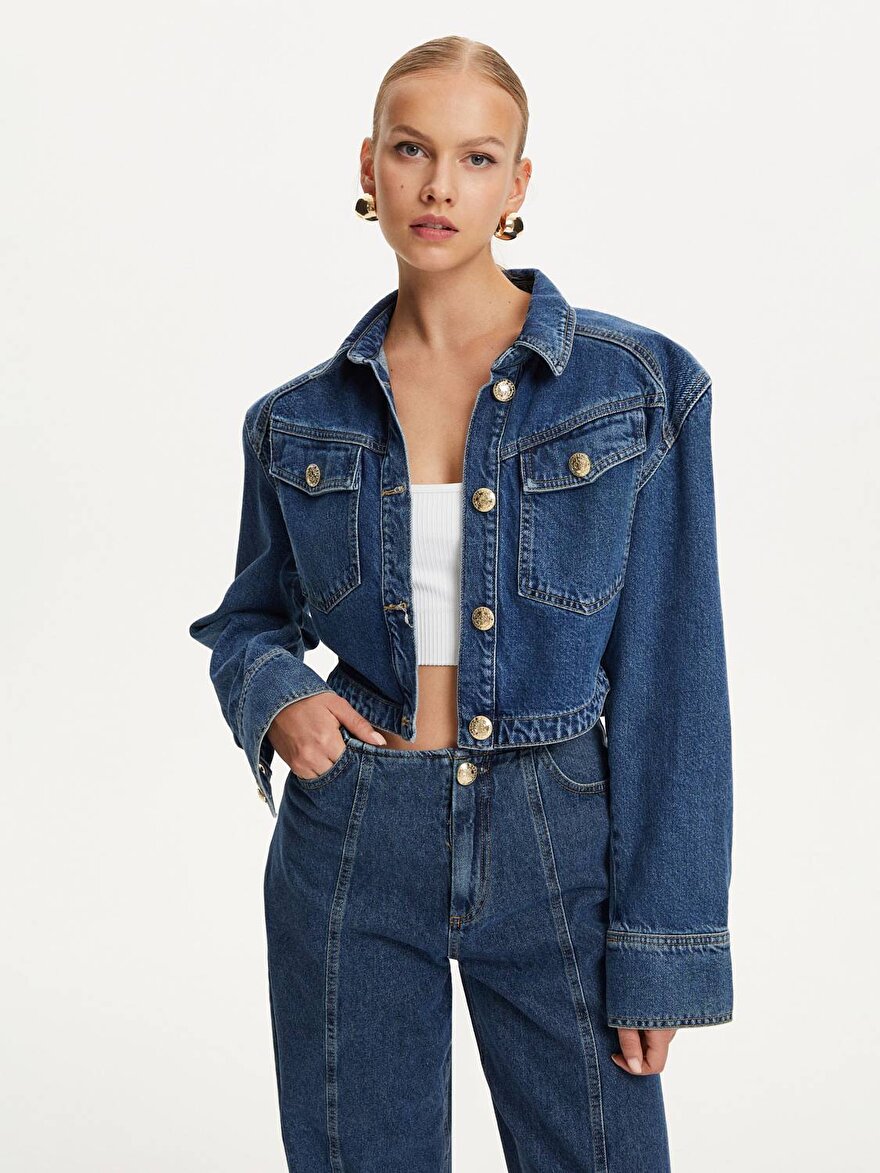 Nocturne Militer Düğmeli Crop Denim Ceket