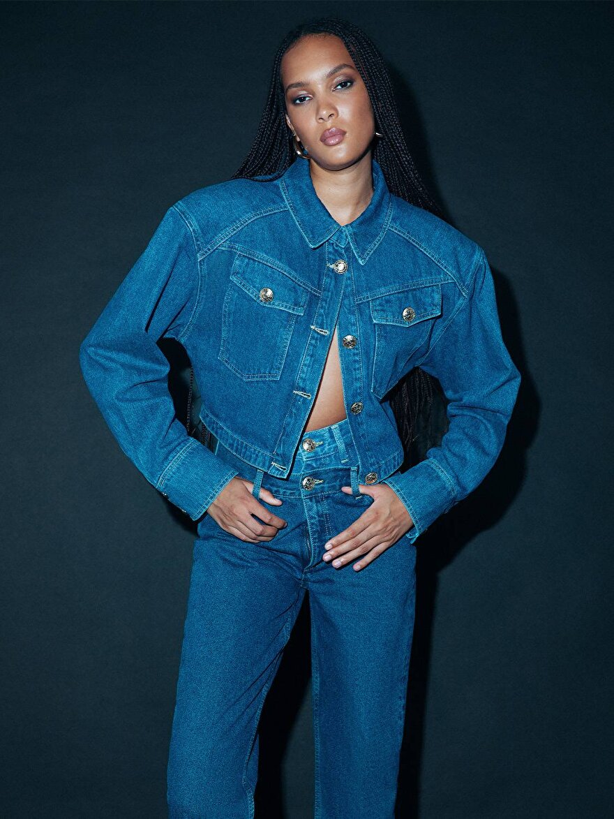Nocturne Militer Düğmeli Crop Denim Ceket