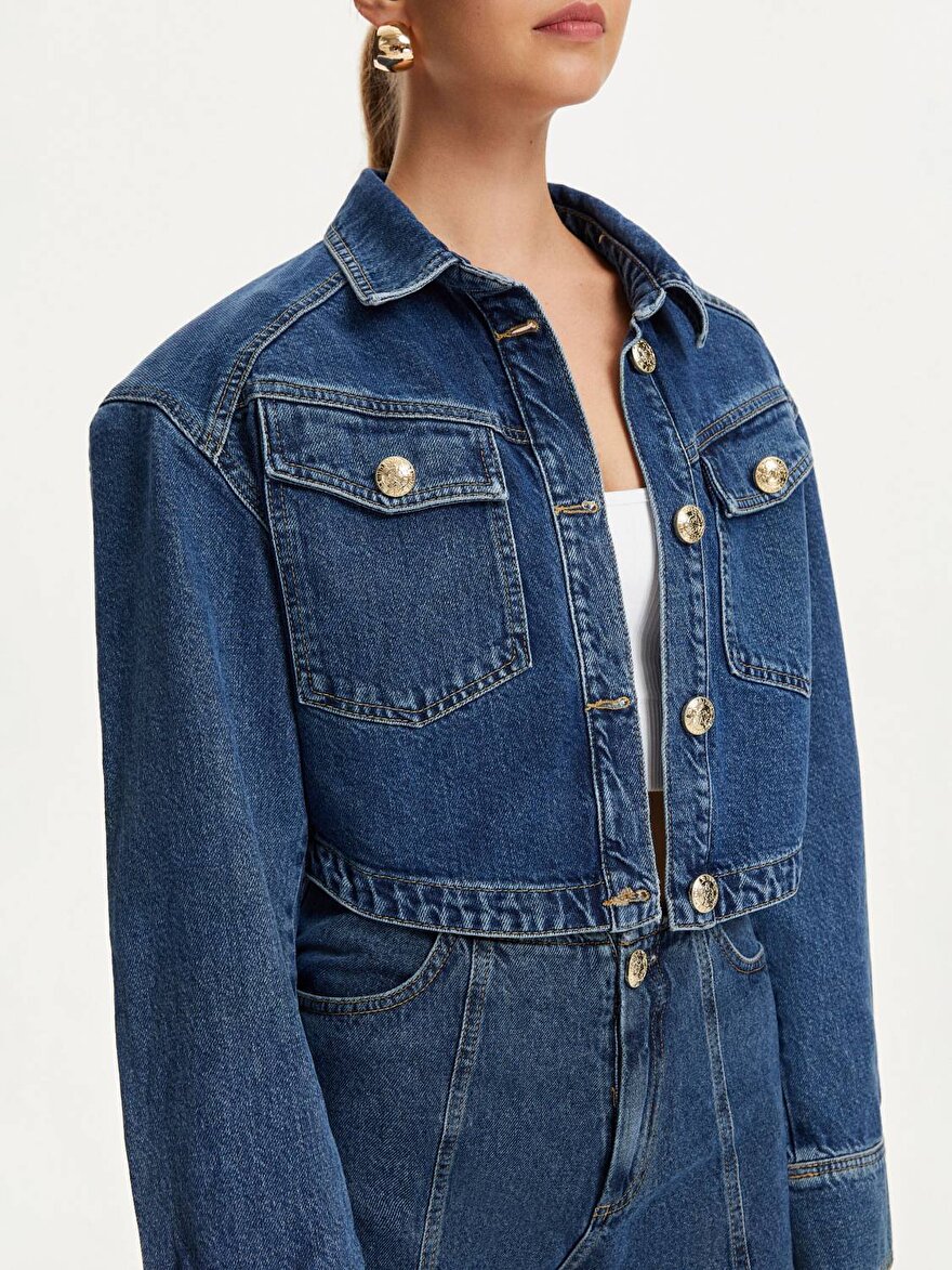 Nocturne Militer Düğmeli Crop Denim Ceket