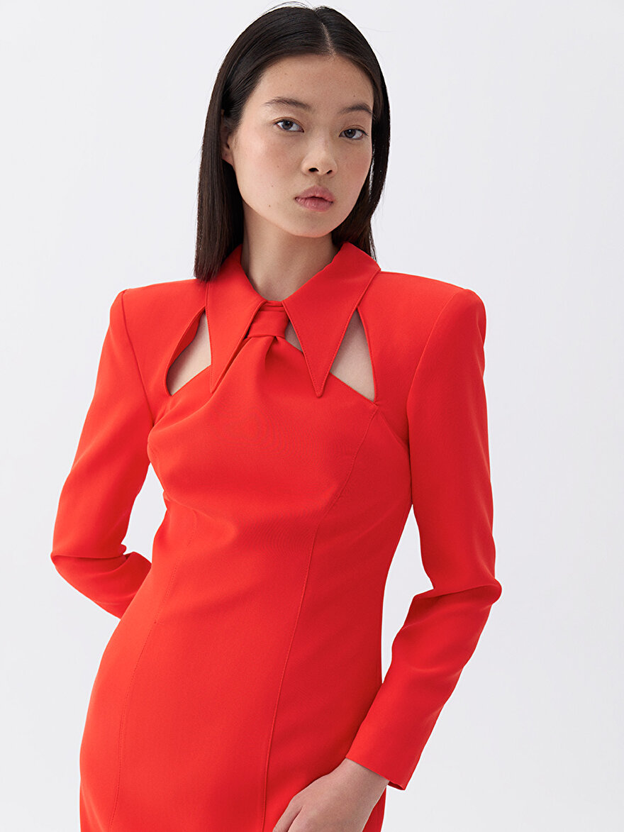 Nocturne Vatkalı Kravat Yaka Midi Elbise