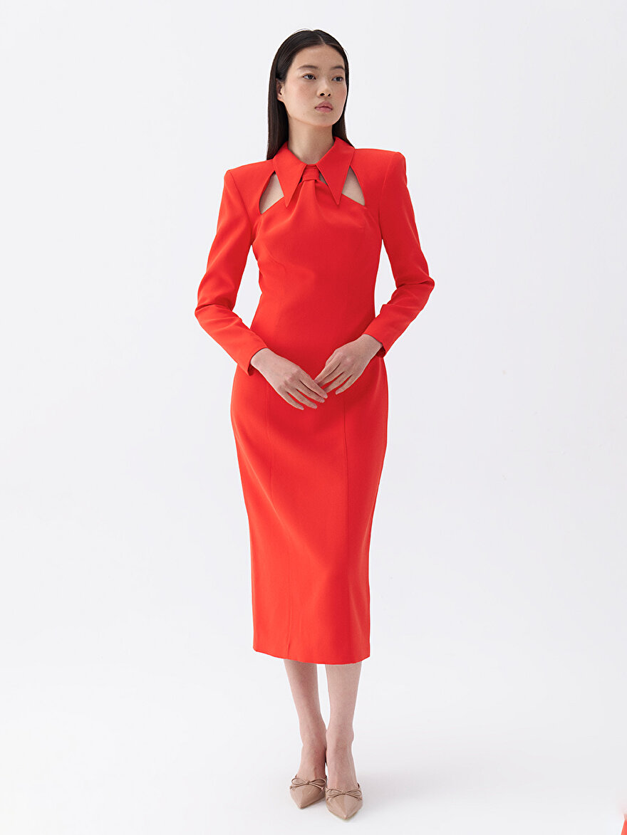 Nocturne Vatkalı Kravat Yaka Midi Elbise