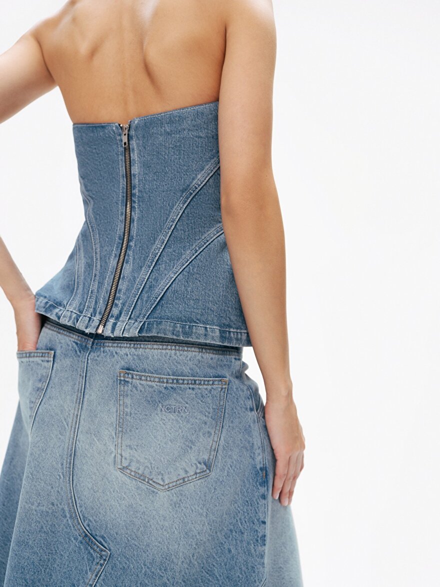 Nocturne Kalp Yaka Denim Bluz