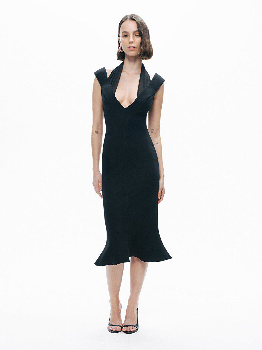 Nocturne Şifon Detaylı Midi Elbise