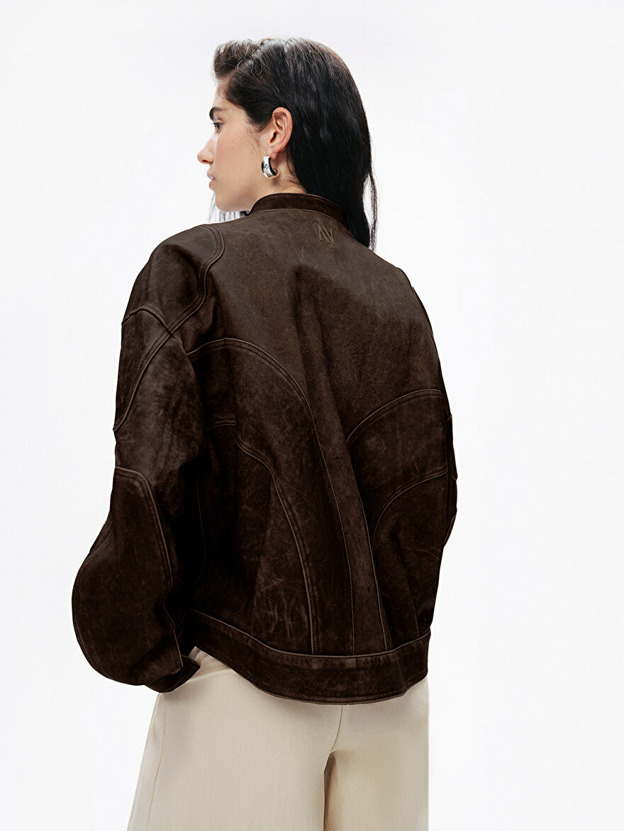 Nocturne Yıpranmış Efektli Deri Bomber Ceket