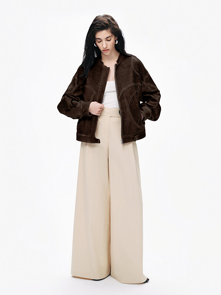 Nocturne Yıpranmış Efektli Deri Bomber Ceket