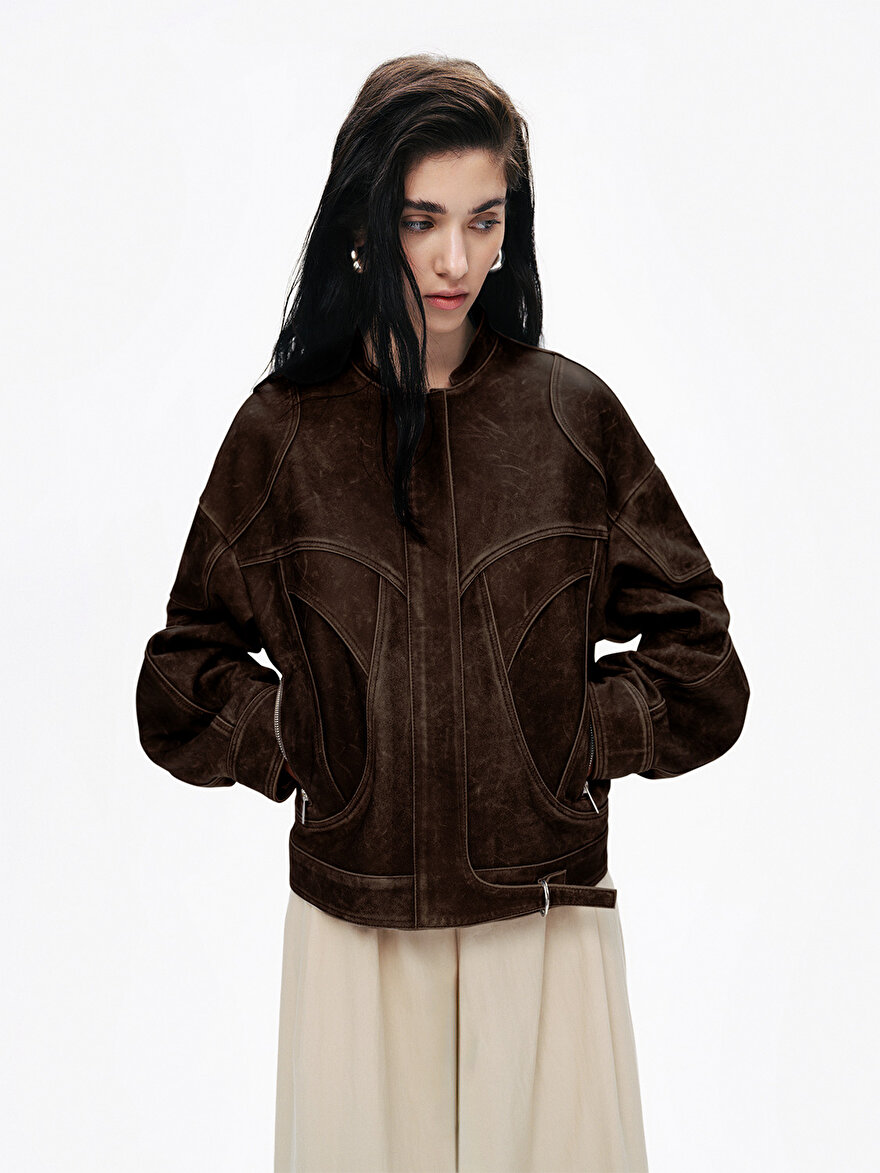 Nocturne Yıpranmış Efektli Deri Bomber Ceket