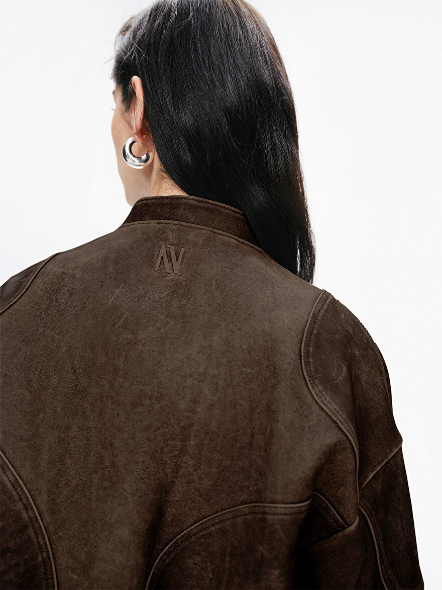 Nocturne Yıpranmış Efektli Deri Bomber Ceket