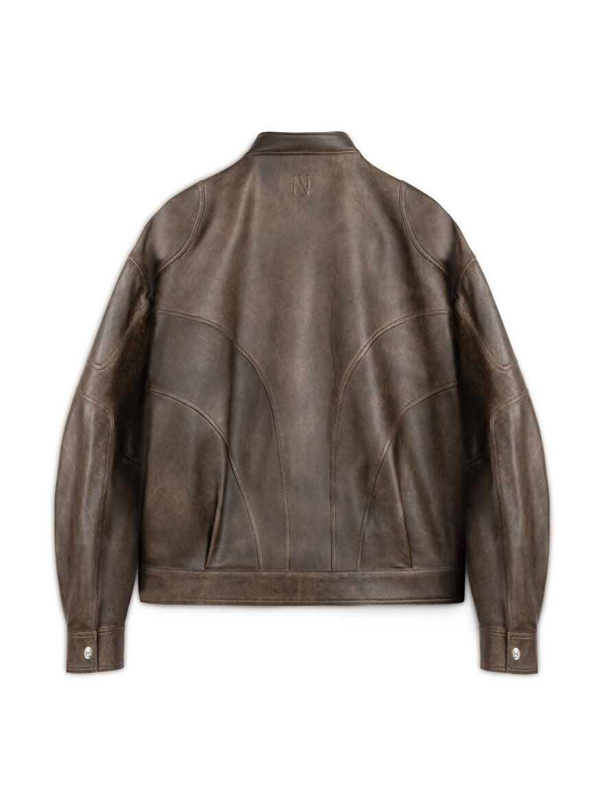 Nocturne Yıpranmış Efektli Deri Bomber Ceket