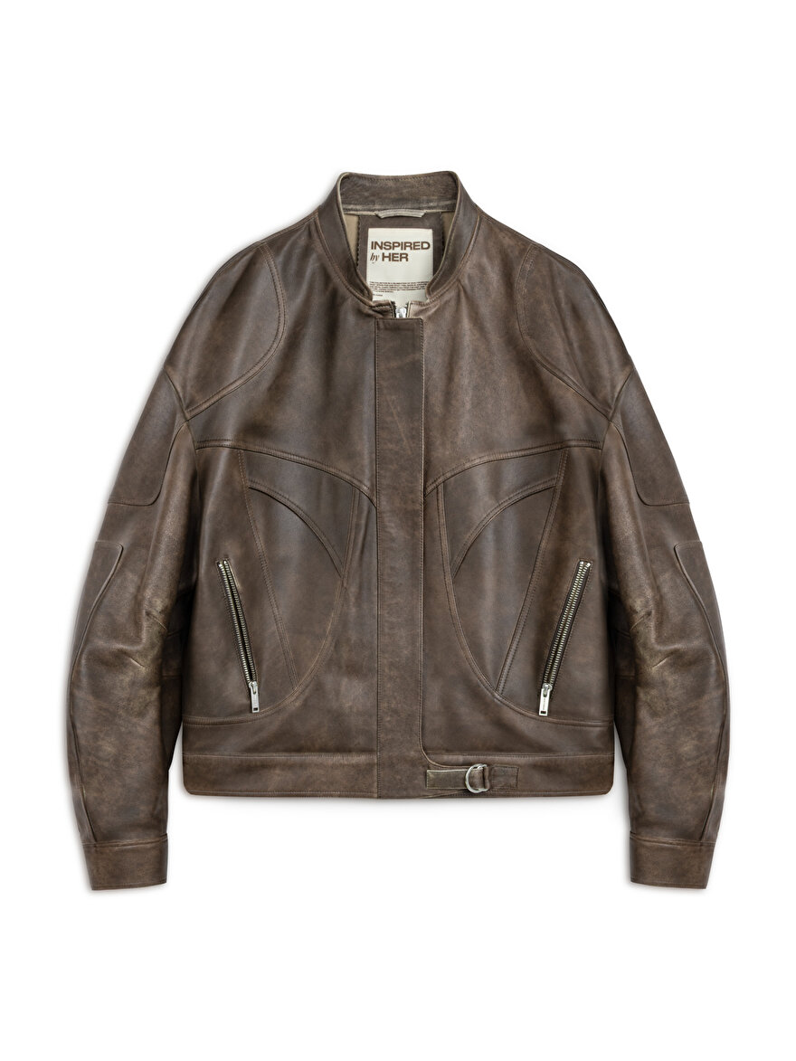 Nocturne Yıpranmış Efektli Deri Bomber Ceket