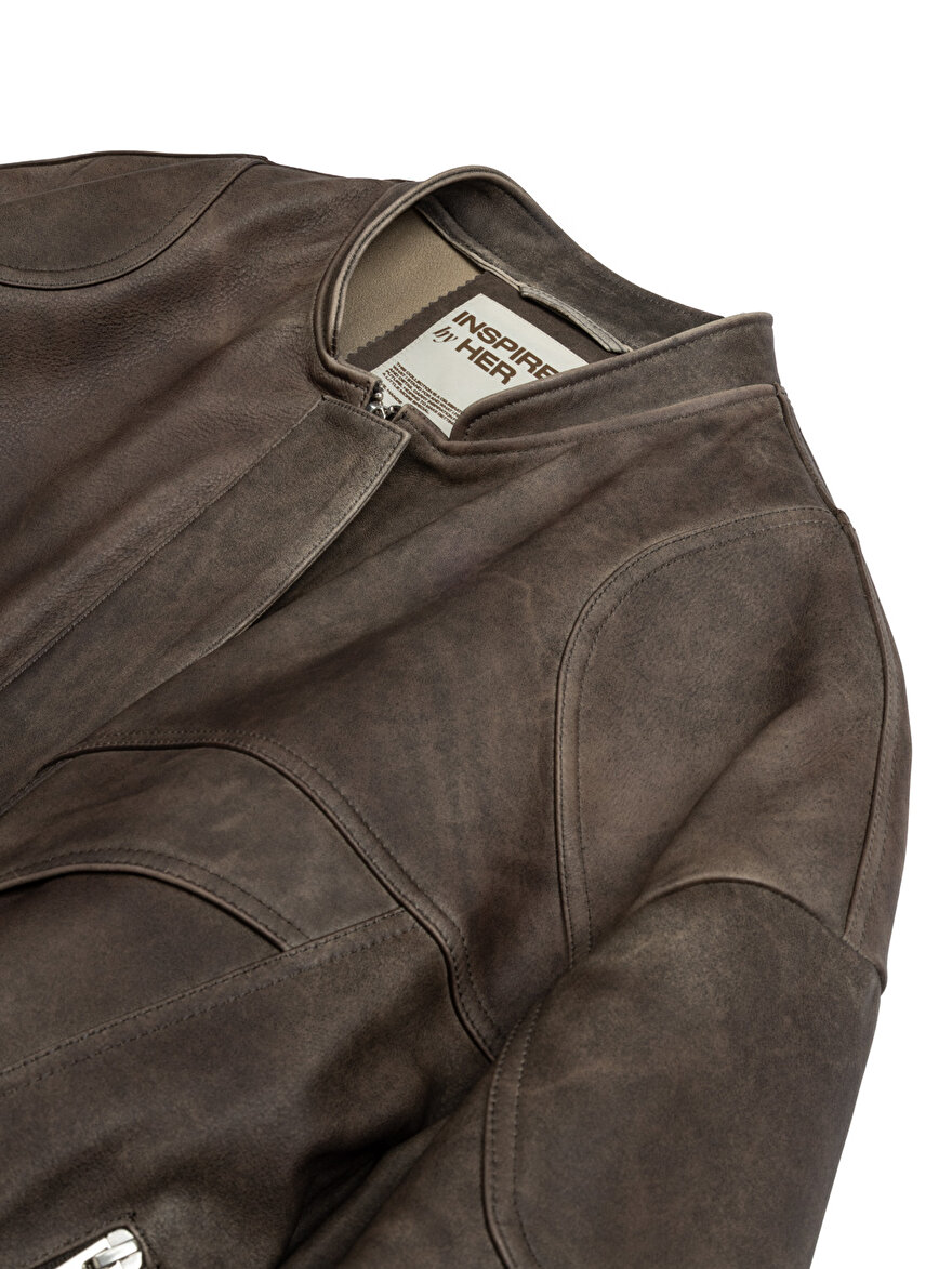 Nocturne Yıpranmış Efektli Deri Bomber Ceket