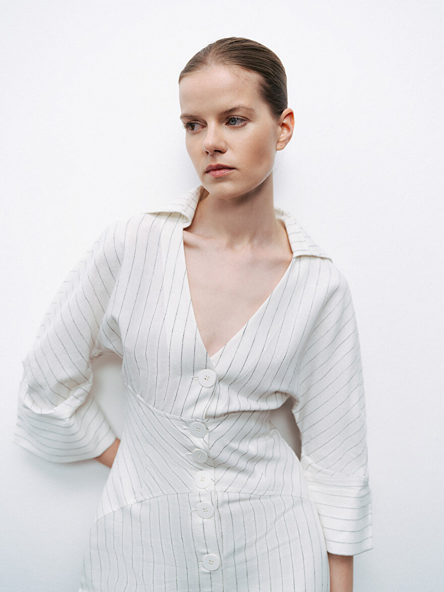 Nocturne Gömlek Görünümlü Keten Elbise