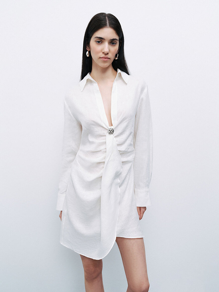 Nocturne Aksesuar Detaylı Keten Mini Elbise