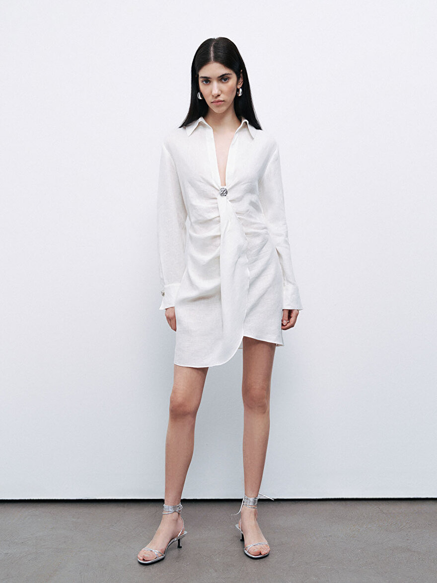 Nocturne Aksesuar Detaylı Keten Mini Elbise