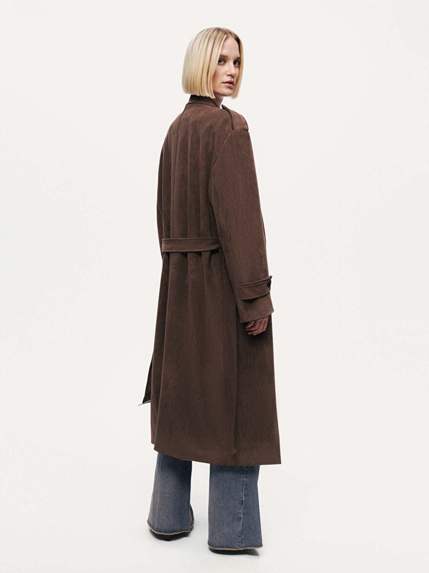 Nocturne Kemerli Süet Maxi Trençkot