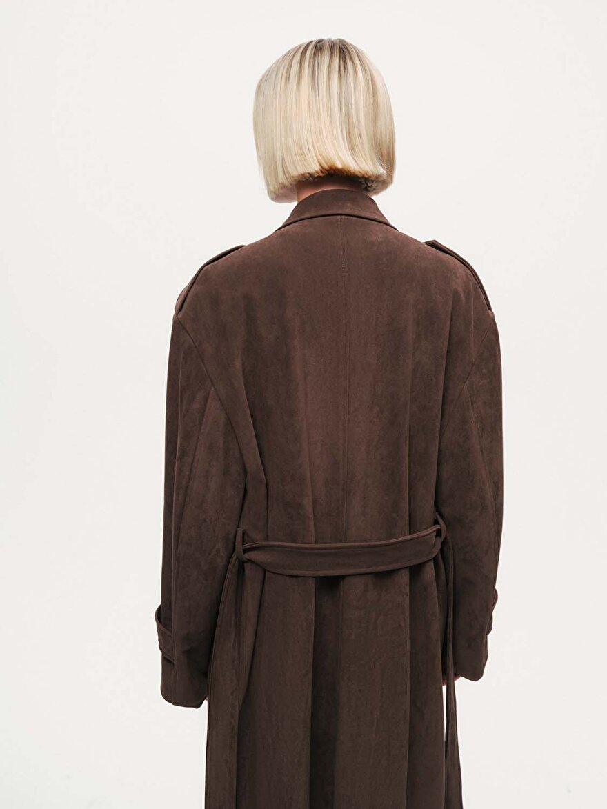 Nocturne Kemerli Süet Maxi Trençkot