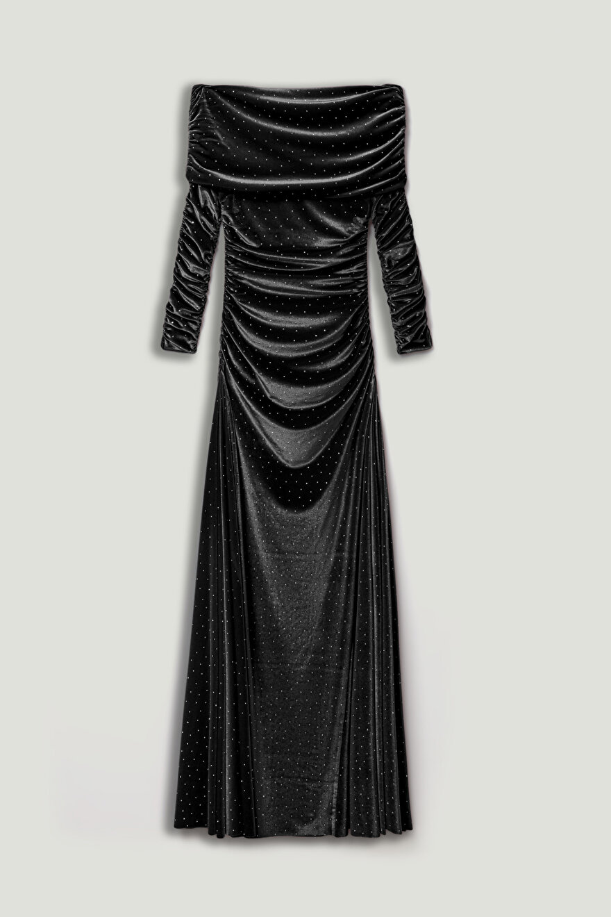 Nocturne Katlı Düz Yaka Maxi Elbise