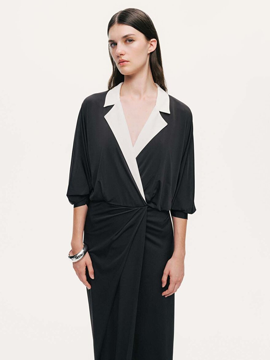 Nocturne Kontrast Yakalı Maxi Elbise