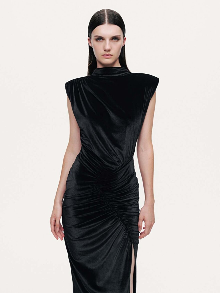 Nocturne Drape Detaylı Midi Kadife Elbise