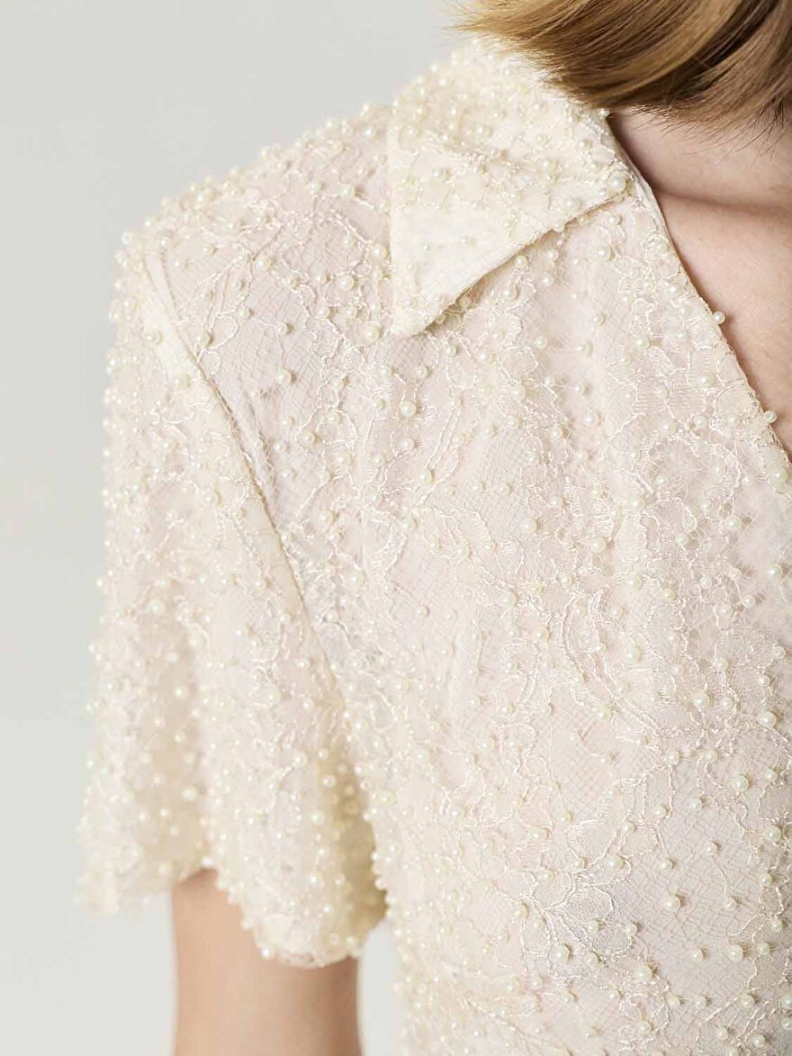 Nocturne İnci İşlemeli Fiyonk Detaylı Bluz