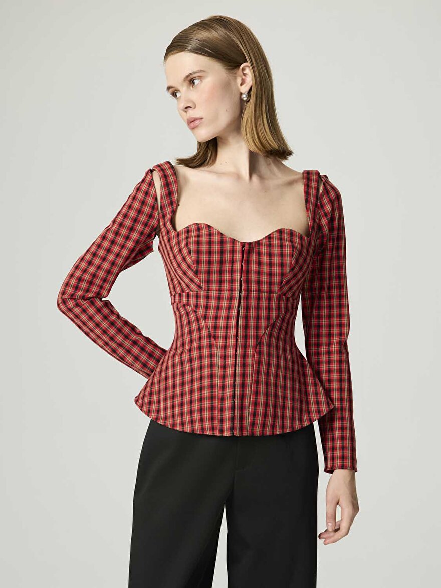 Nocturne Ekoseli Korse Tasarımlı Bluz