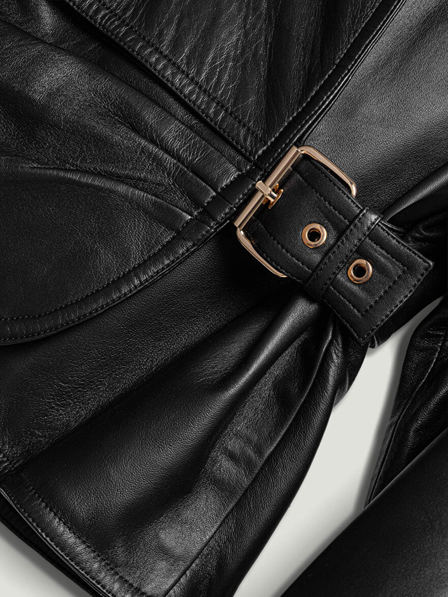 Nocturne Kuşgözü Kemer Detaylı Deri Ceket