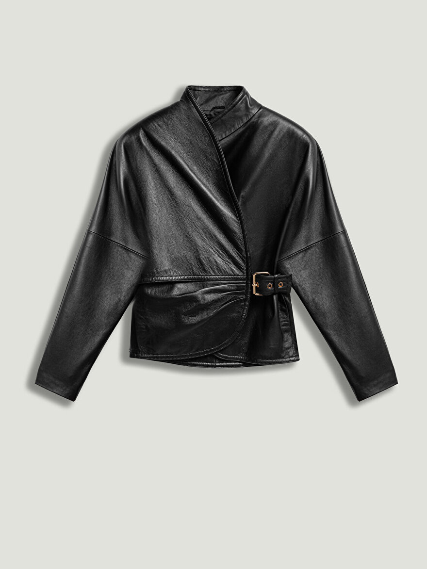 Nocturne Kuşgözü Kemer Detaylı Deri Ceket