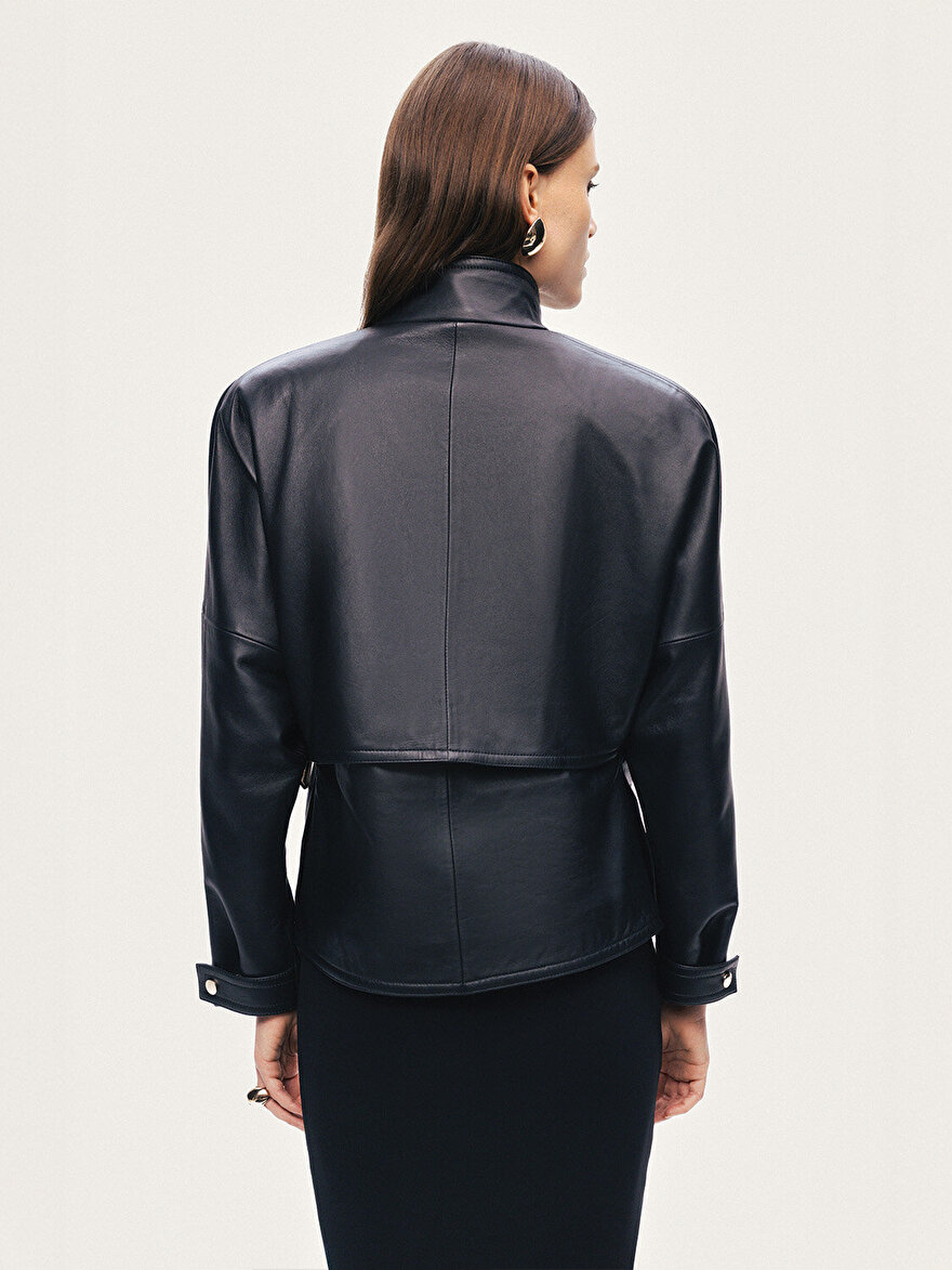 Nocturne Kuşgözü Kemer Detaylı Deri Ceket