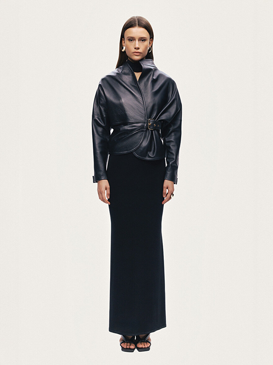 Nocturne Kuşgözü Kemer Detaylı Deri Ceket