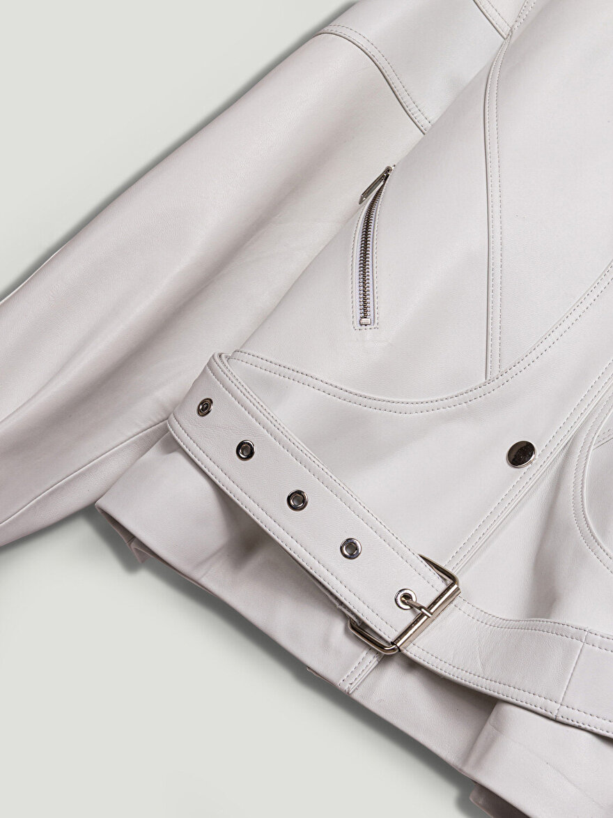 Nocturne Kuş Gözü Kemer Detaylı Deri Ceket