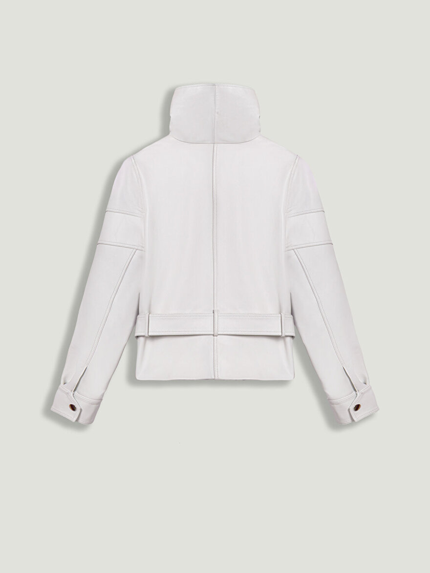 Nocturne Kuş Gözü Kemer Detaylı Deri Ceket