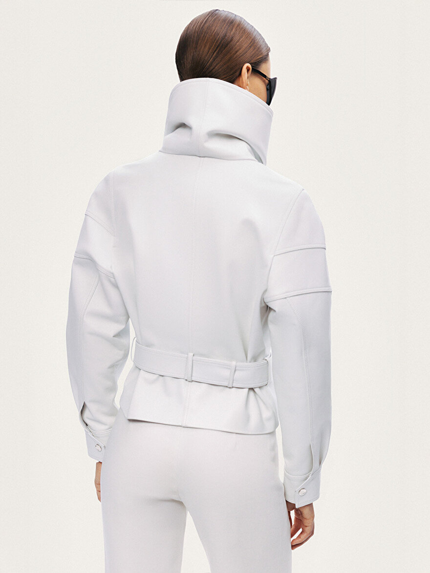 Nocturne Kuş Gözü Kemer Detaylı Deri Ceket