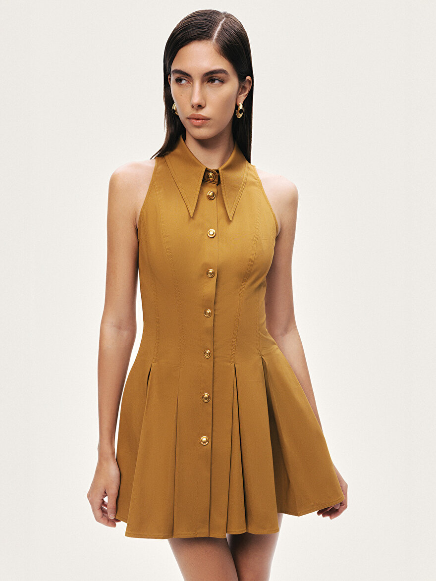 Nocturne Gömlek Yaka Pileli Mini Elbise