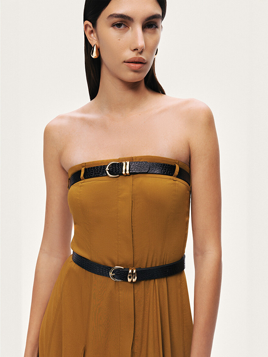 Nocturne Çift Kemerli Straplez Midi Elbise