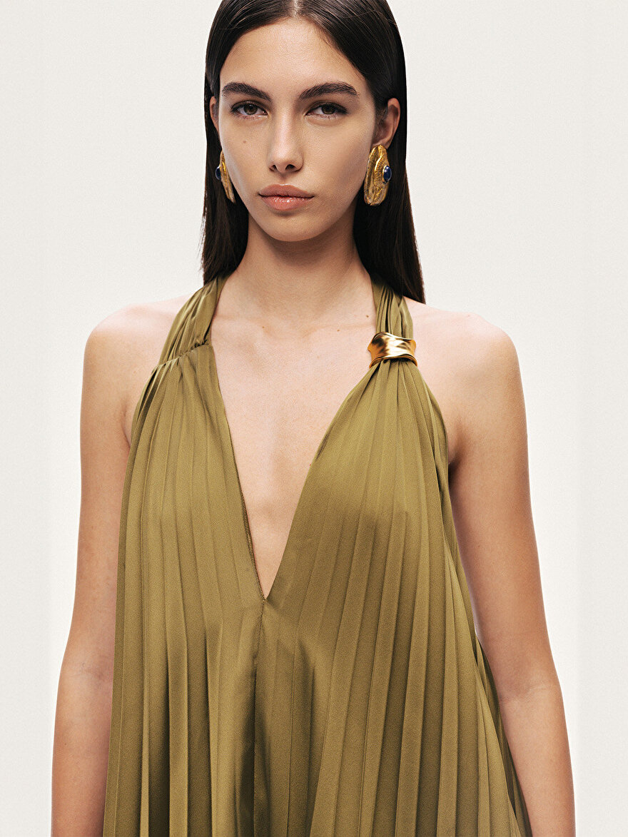 Nocturne Aksesuar Detaylı Pileli Maxi Elbise