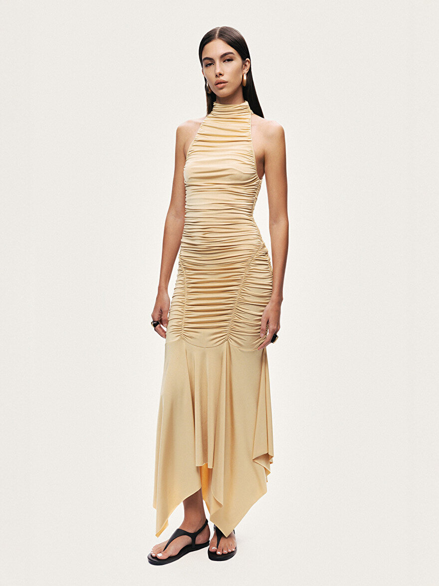 Nocturne Halter Yaka Drapeli Midi Elbise