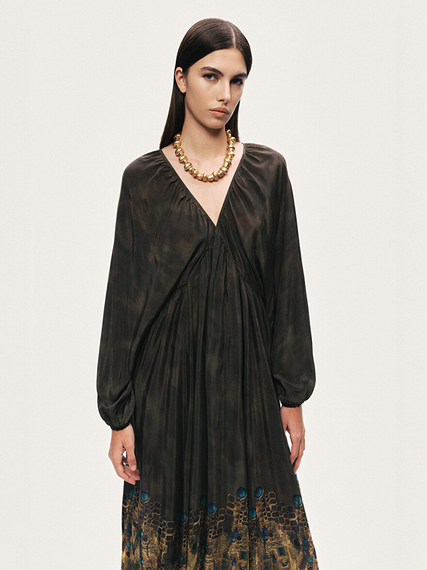 Nocturne Desenli Uzun Kollu Maxi Elbise