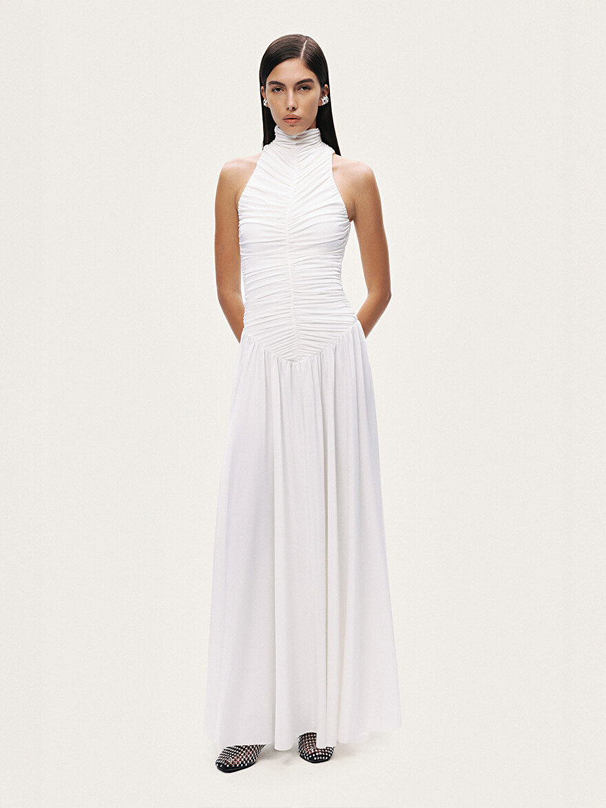 Nocturne Drapeli Dik Yaka Maxi Elbise