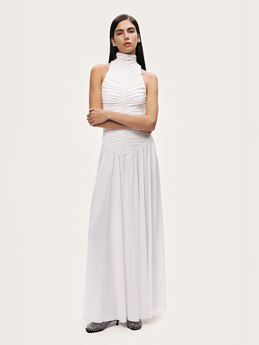 Nocturne Drapeli Dik Yaka Maxi Elbise