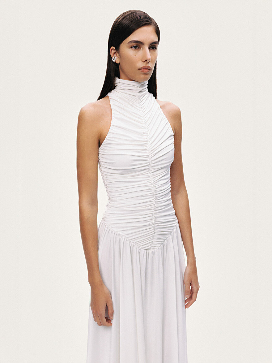 Nocturne Drapeli Dik Yaka Maxi Elbise