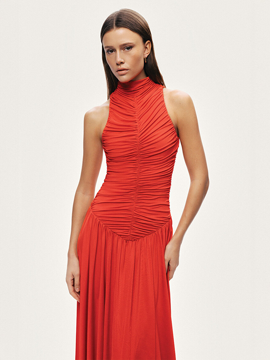 Nocturne Drapeli Dik Yaka Maxi Elbise