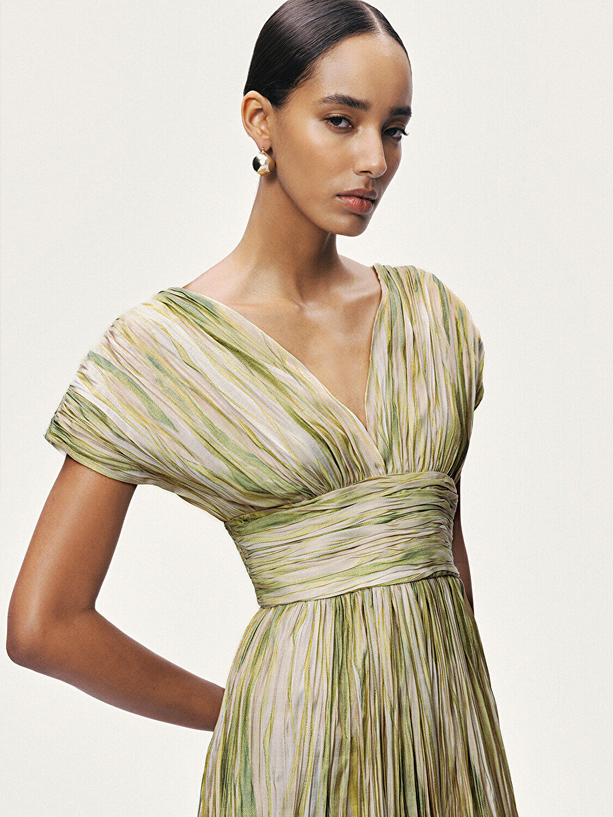 Nocturne Desenli V Yaka Midi Elbise