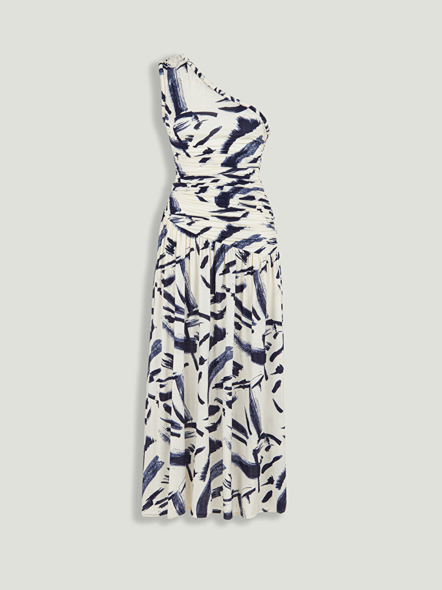 Nocturne Drapeli ve Desenli Tek Omuz Midi Elbise