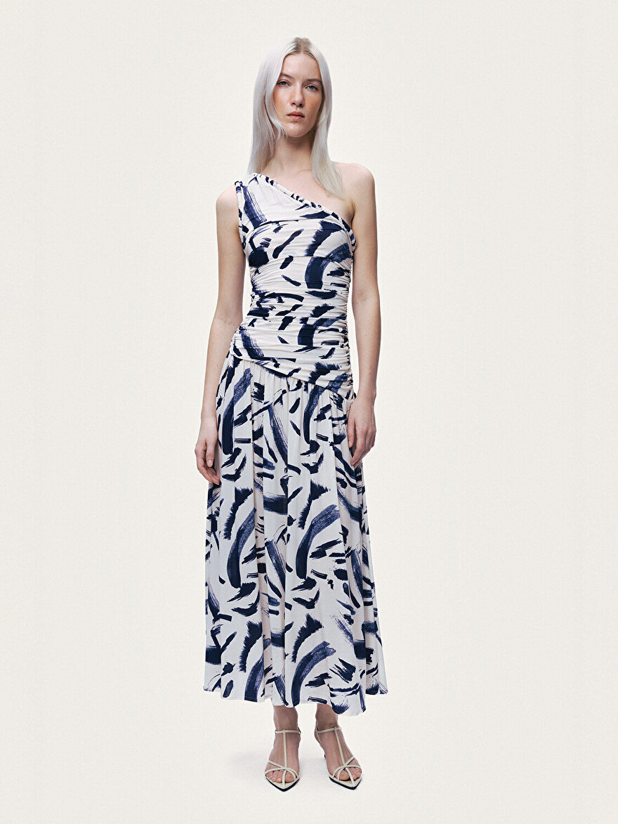 Nocturne Drapeli ve Desenli Tek Omuz Midi Elbise