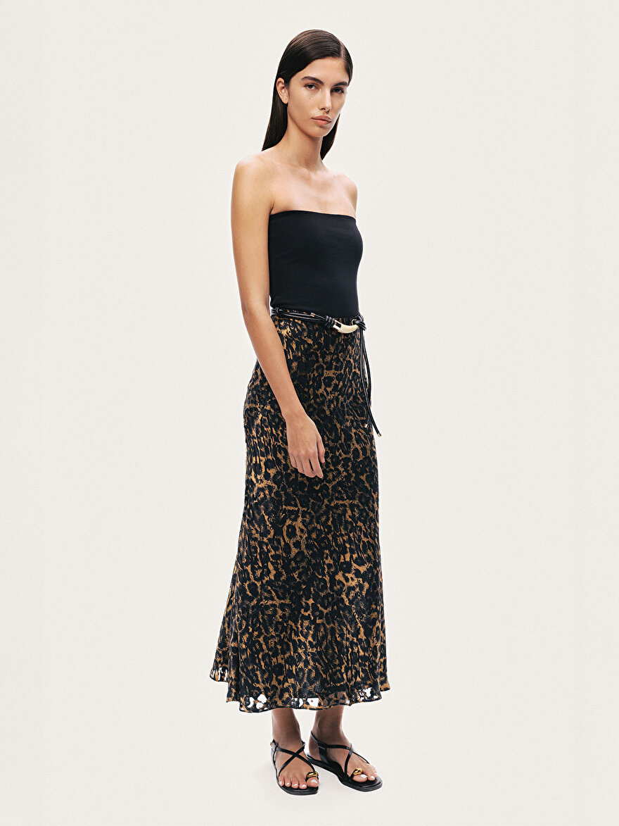 Nocturne Leopar Desenli Midi Çan Etek